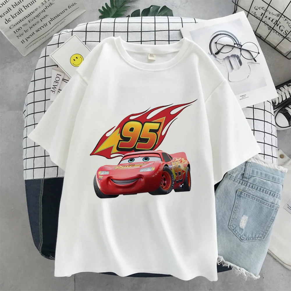 Disney White Print Women T-Shirt Lightning McQueen Graphic Cars Series Pattern Casual Outdoor Cartoon Female T Shirt Hot Selling