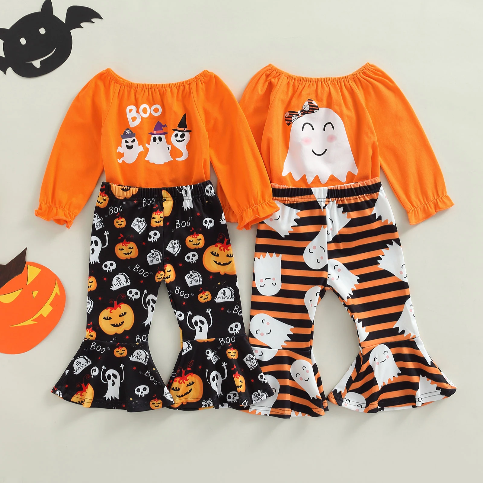 

TR New Autumn Halloween Toddler Girls Pants Set Long Sleeve Off Shoulder Print Tops Flare Pants Casual Outfit Clothes