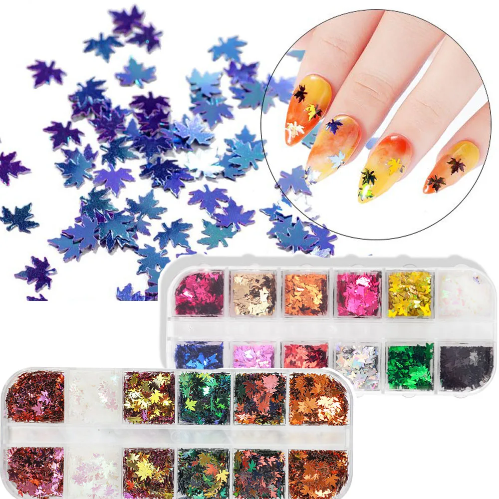 

12Girds/Box Bright-Coloured Maple Leaf Sequins Nail Art Thin Laser Colorful Mirror Paillette Flakes 3D Glitter Nails Decoration#