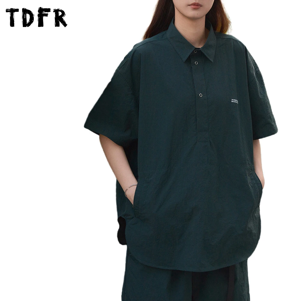 

Button Decoration Cargo Shirts Mens Short Sleeve Lapel Loose Casual Curved Hem Half-Sleeve Safari Style Shirt Men