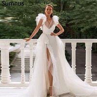 sumnus vintage tulle long a line wedding dress 2022 giltter high side slit ruffers floor length vestidos de novia robe de mari%c3%a9e