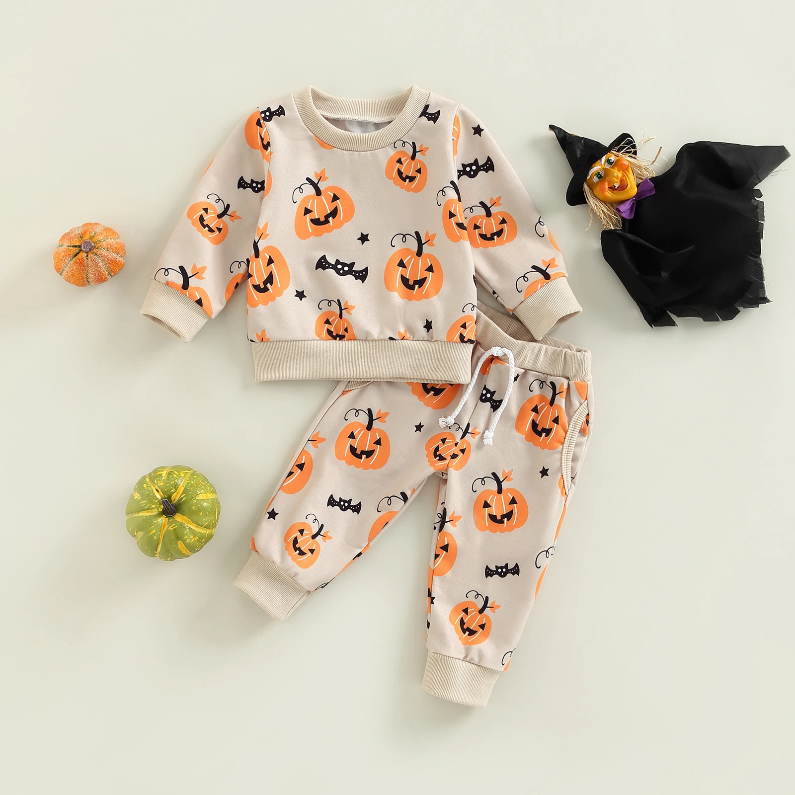 

Комплект одежды на Рождество/Хэллоуин для младенцев, 2 шт., пуловер с длинным рукавом и принтом тыквы, Топы + штаны