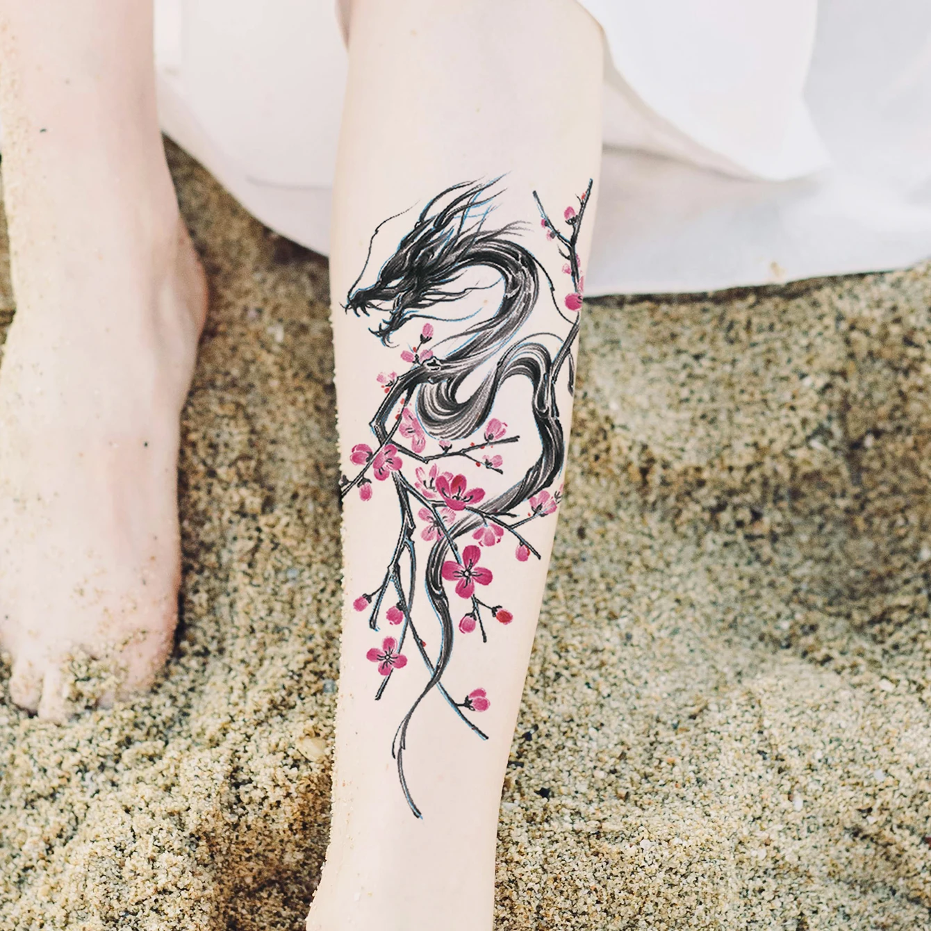 Водостойкая Временная Татуировка-наклейка-сливовый Цветок Дракона Рука Спина