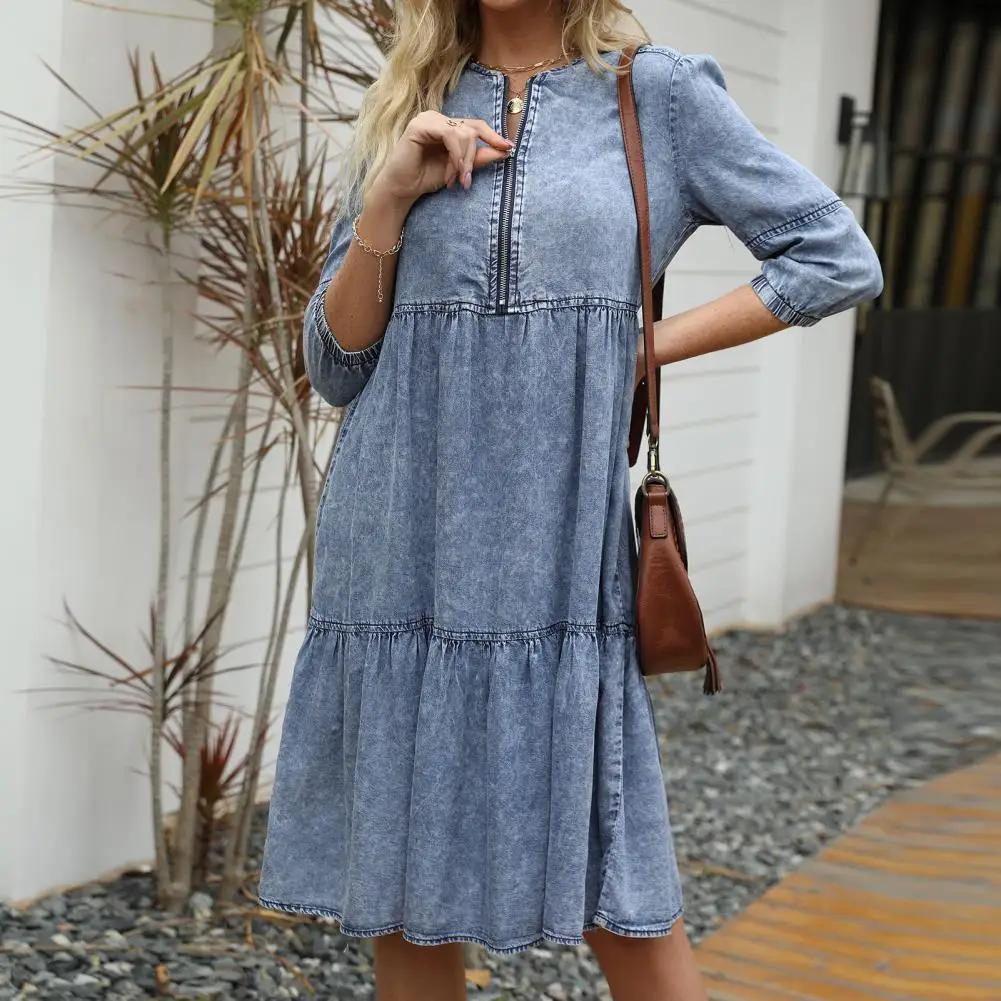 

Женское винтажное платье из денима, повседневное однотонное синее платье до колен с круглым вырезом, модель весна-лето