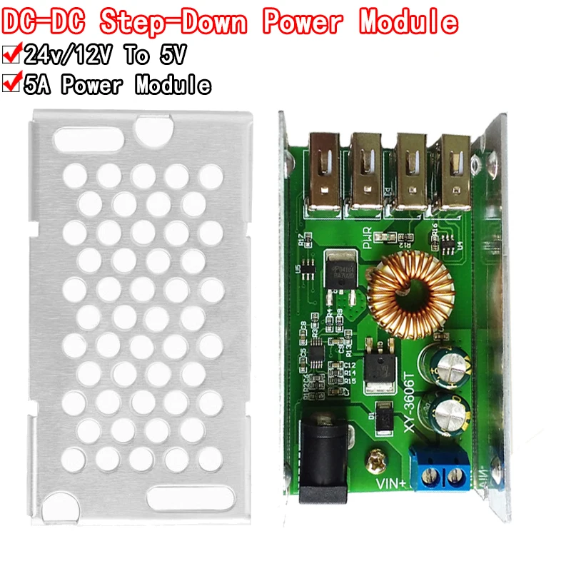 

DC-DC 9V 12V 24V 36V To 5V Step Down Board 5A 4 USB Output Buck Converter Power Supply Module with Aluminum Shell For Phones