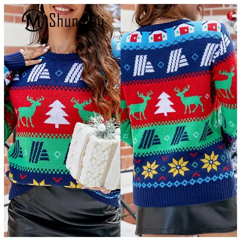 

Women Crew Neck Jumper Elk Tree Printed Christmas Casual Soft Sweater Ugly Knit Comfy Funny Cozy Xmas Pullover Outerwear