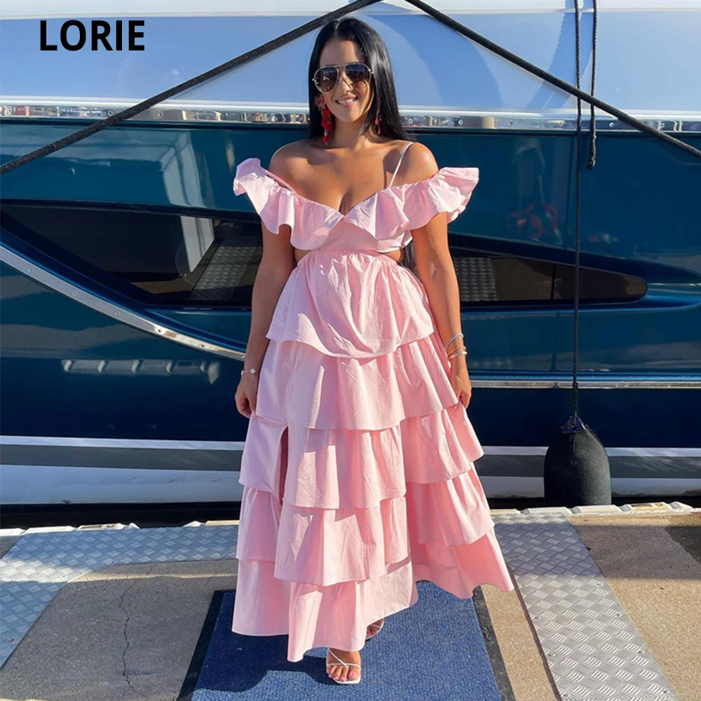 

LORIE 2022 Simple Pink Evening Dress Satin Tiered Classic Formal Party Gowns Off The Shoulder Vestidos Elegantes Para Mujer