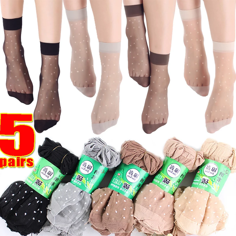 

Women Sexy Ankle Stockings 5 Pairs Ultra-thin Silk Socks Summer Translucent Crystal Invisible Sock Girls Charm Wave Point Socks