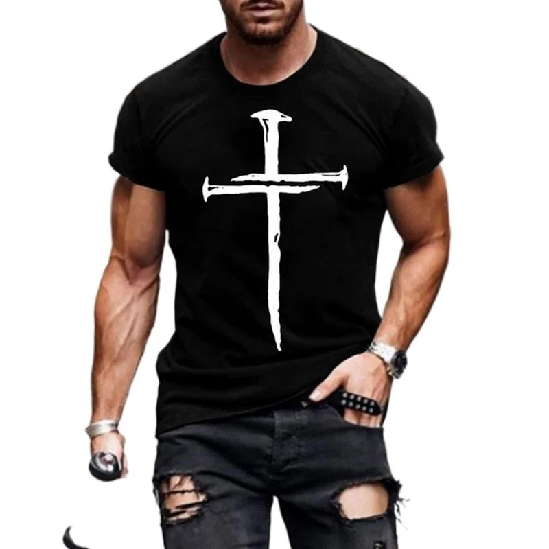 Summer new cross 3D digital print Street hip hop slim fit Pullover men's T-shirt