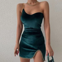 zoctuo elegant club dress patchwork velvet solid chain strap dresses streetwear party bodycon side slit sexy 2022 prom clothes