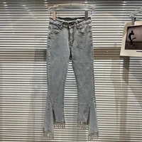 2022 spring new rhinestone tassel chain slim fit cropped jeans for women irregular flared trousers street hot girls denim jean
