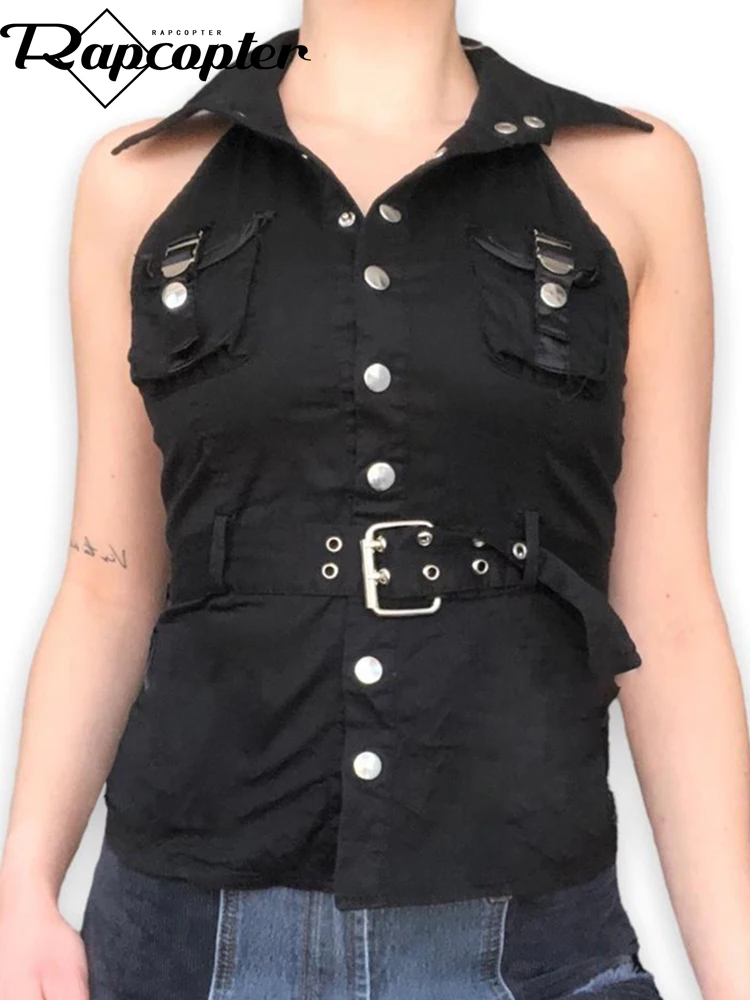 

Корсет Rapcopter с поясом и пуговицами, черный топ с отложным воротником, майка с карманами, карго, в стиле панк, ретро, модная кофта 90s