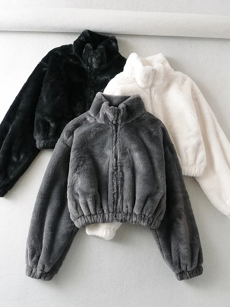 ICCLEK  loose imitation fur coat women's autumn and winter thickened half high collar zipper short jacket warm top