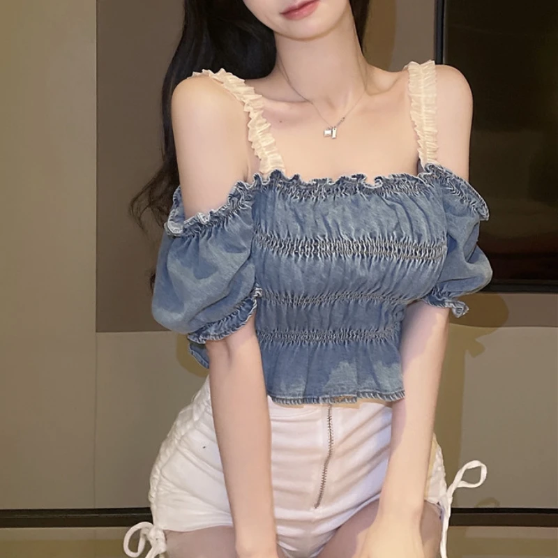 

Женская джинсовая футболка с открытыми плечами и длинным рукавом, лето 2022