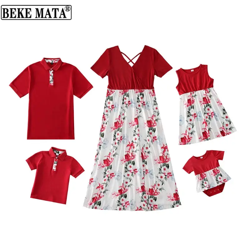 

BEKE MATA Family Matching Outfits Summer Family Matching Clothes Short Family Look Mother Daughter Dress Father Son T-shirt Set