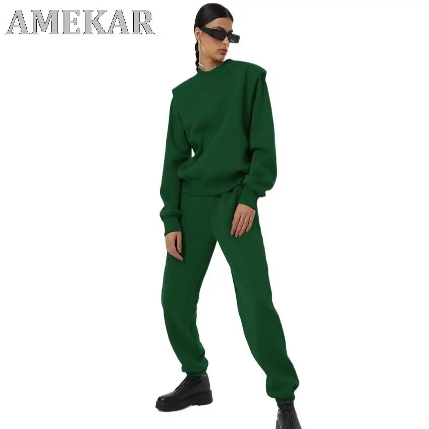 

Women's Tracksuit Fleece Solid Two Pieces Sets Long Sleeve Sweatshirt And Joggers Pants Female Suits 2021 Autumn Winter Set