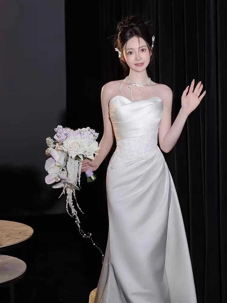 Французское белое топ-труба атласное легкое свадебное платье простое вечернее