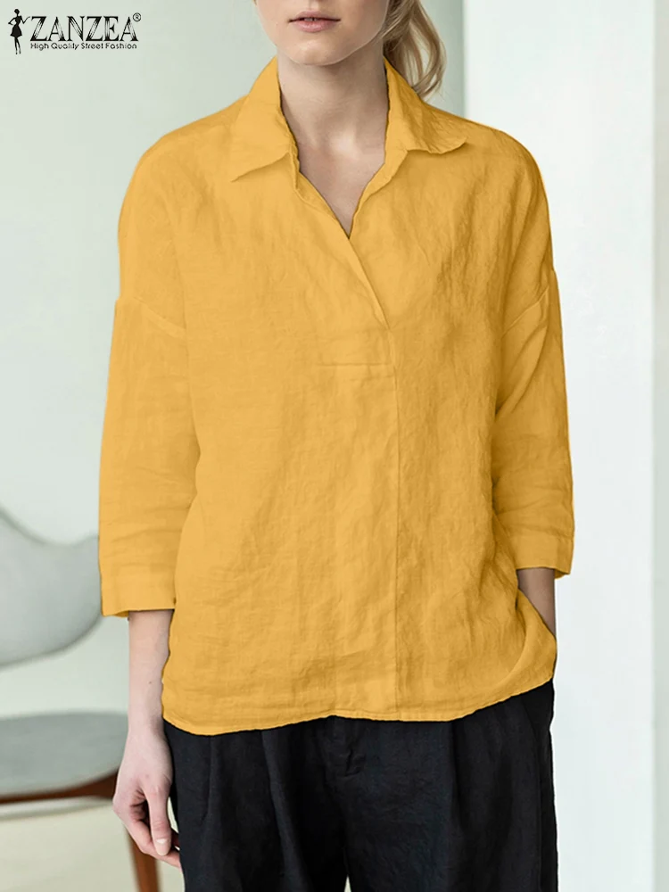 

Модные повседневные топы ZANZEA в стиле ретро, осенняя женская элегантная однотонная блузка, женская рубашка с V-образным вырезом и длинным рукавом, Офисная рубашка большого размера