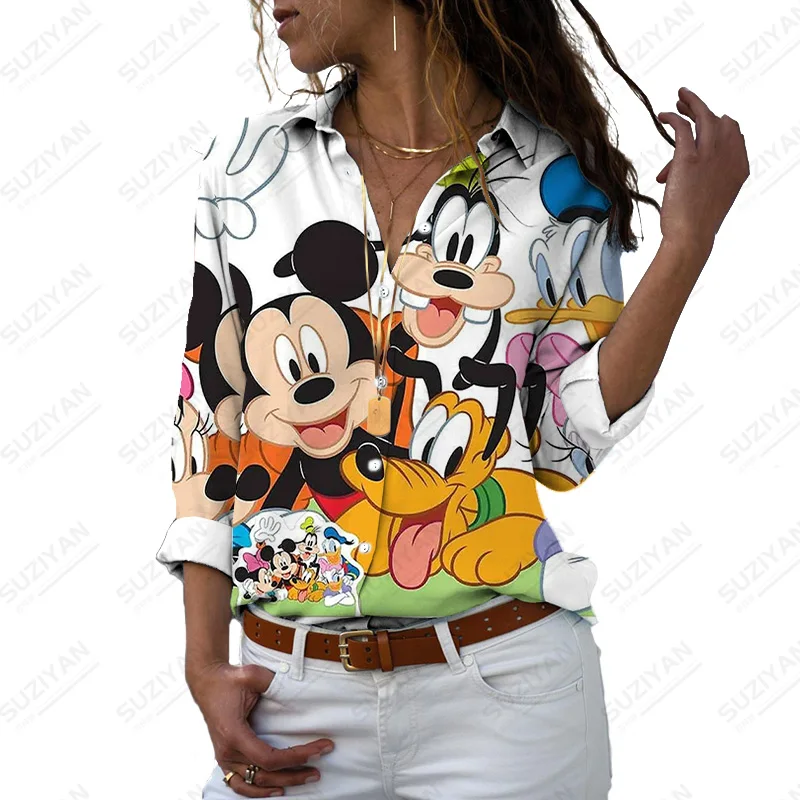 

Women's Shirts Anime Disney Long Sleeves Shirts Fashion Lapel Loose Tops Casual women's Long Sleeves Mickey Minnie Cute Shirt