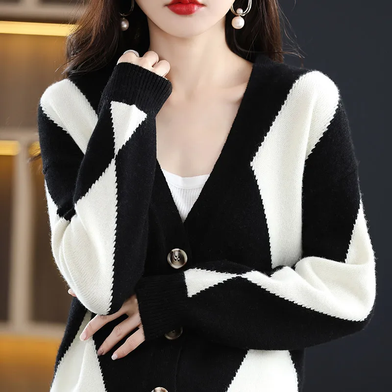 22 Autumn And Winter New Women's Cardigan V-Neck Long-Sleeved Color-Blocking Sweater 100% Pure Wool Knitted Loose All-Match Top