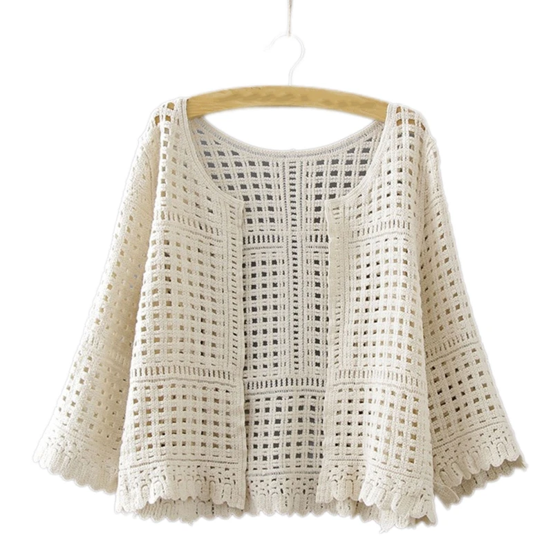 

H9ED Women Flare 3/4 Sleeve Kimono Cardigan Hollow Crochet Plaid Lace Cropped Jacket