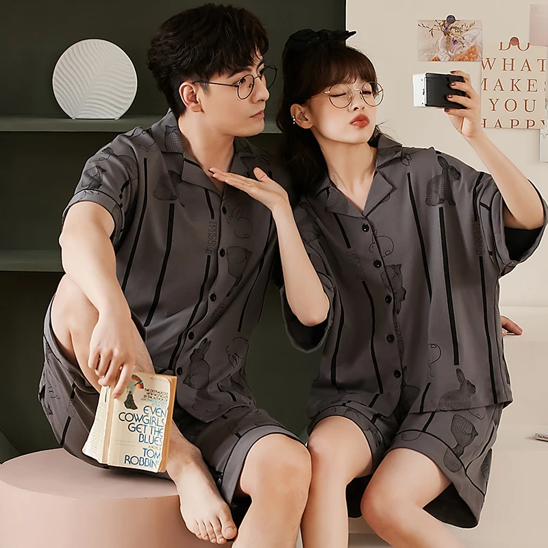 CAIYIER Cotton Couple Pajamas Set Summer Cardigan Short Sleeve Soft Men &Women Loungewear Sweet Cartoon Dinosaur Lover Nightwear