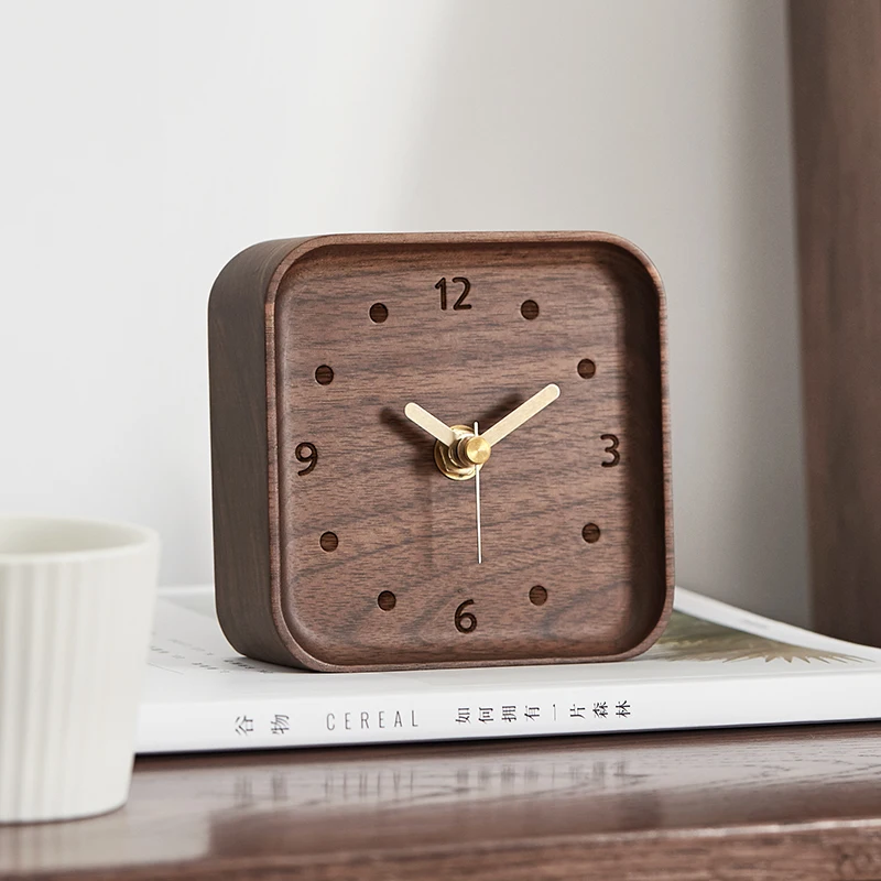 

Solid Wood Mini Desk Clocks Office Square Black Walnut Wooden Needle Clock Home Decoration Ornaments Table Timepiece Watch Gifts