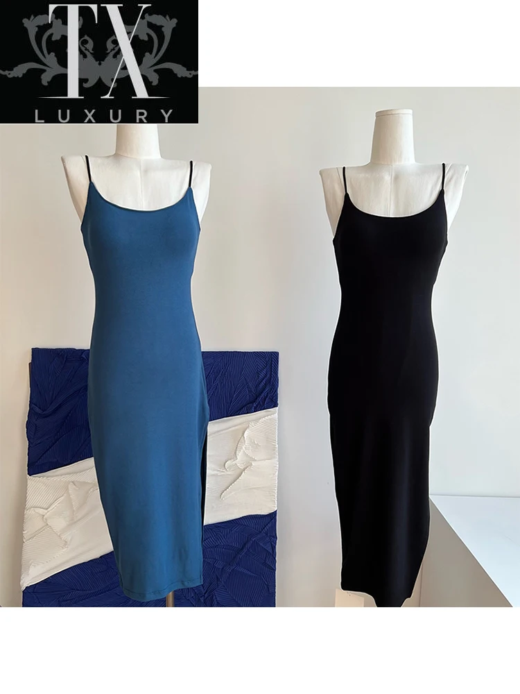 

Sleeveless Backless Slim Maxi Strap Dresses 2022 Summer Women Party Y2K Concise Sexy Slit Bodycon Elegant Ladies Clothing