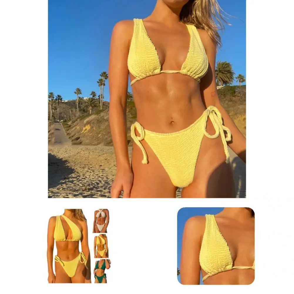 

Summer 2Pcs/Set Popular Pure Color Off Shoulder Bikini Female Bathing Suit Solid Color for Beach