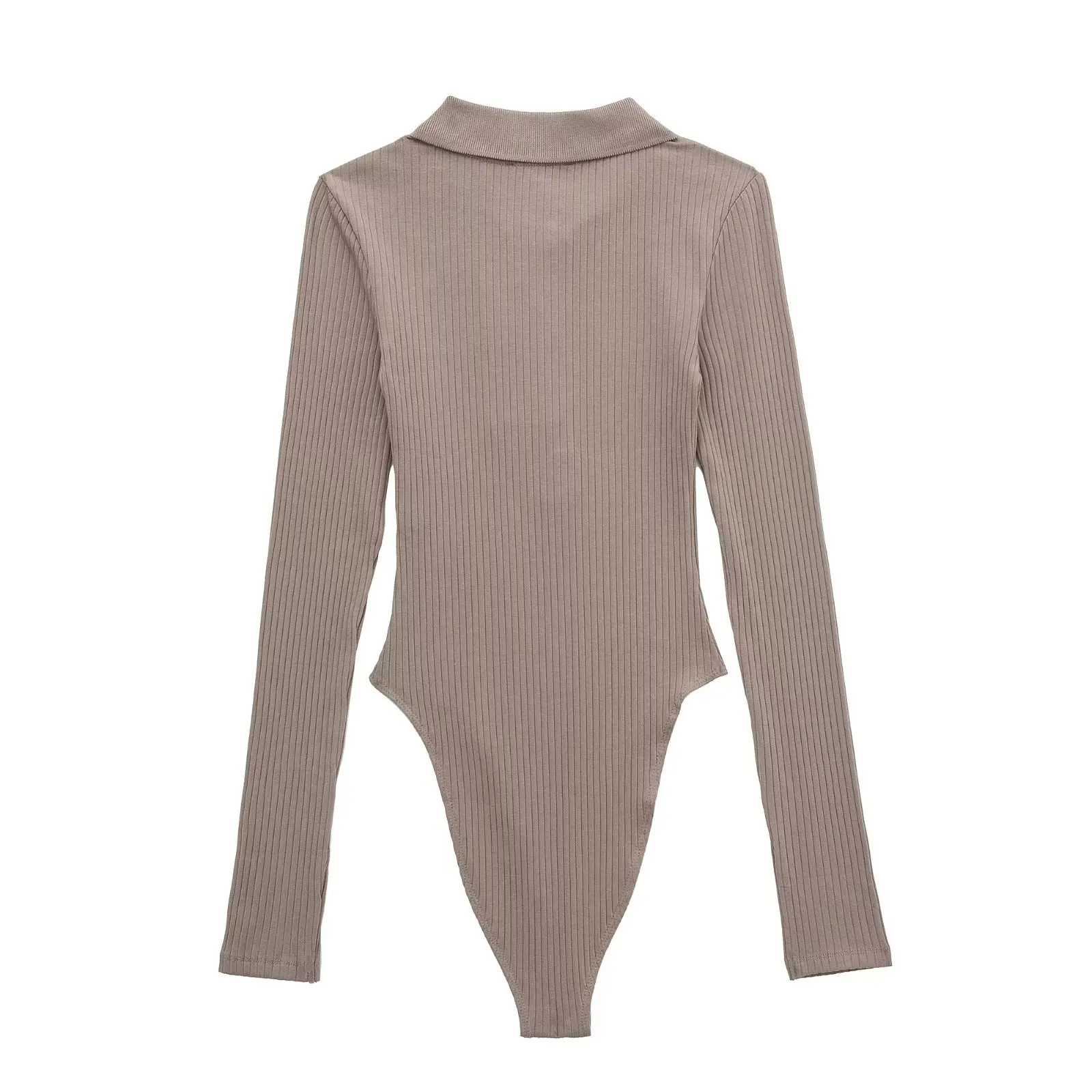 Dave&Di  Long Sleeve Sexy Bodysuits Women Vintage Polo Collar Knitted Rib Bodysuits