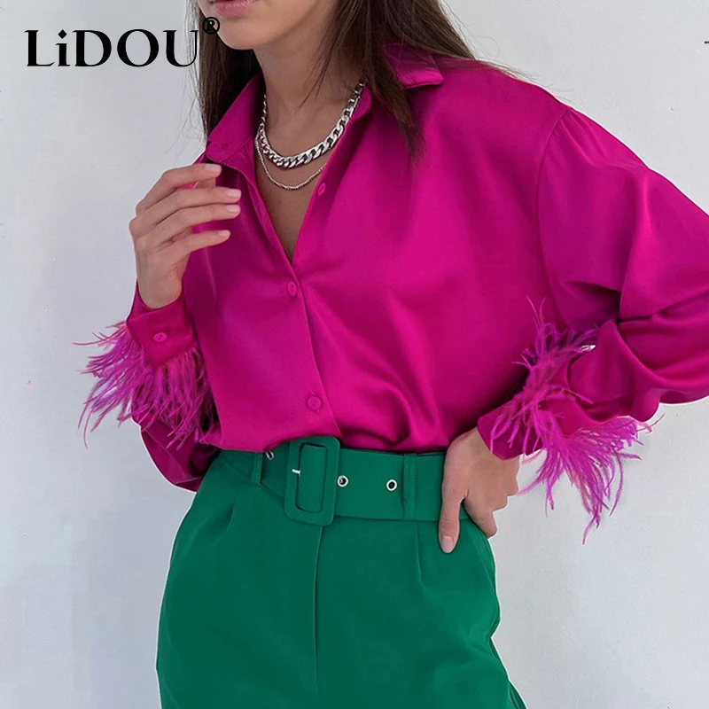 

Spring Autumn Streetwear Polo-neck Feather Patchwork Shirt Ladies Long Sleeve All-match Loose Casual Blouse Female Cardigan Top
