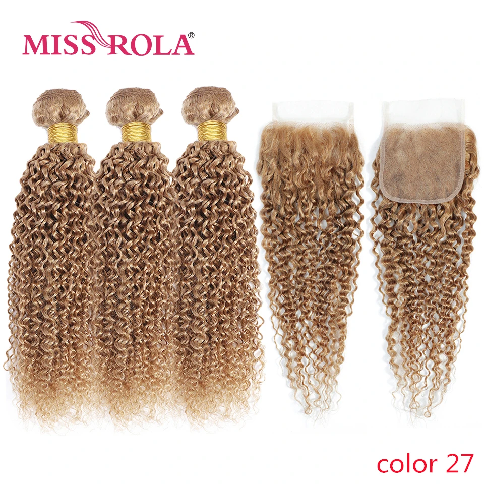 

Miss Rola Peruvian Kinky Curly Human Hair Weavings With 4x4 Lace Closure Blonde 99J 30# Ombre Quality Remy Hair Bundles Closures