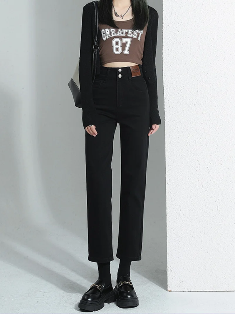 2023 Korean version of new high-waisted slim high-elastic cigarette pants Fleece-lined Jeans for Women  Trousers High Waist Jean