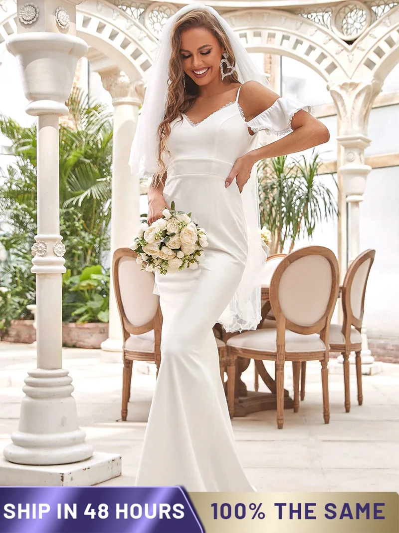 

Elegant Wedding Dress Long Deep V-Neck Fishtail Silhouette Backless 2022 Ever Pretty Of Chiffon Simple Wedding Women Dress