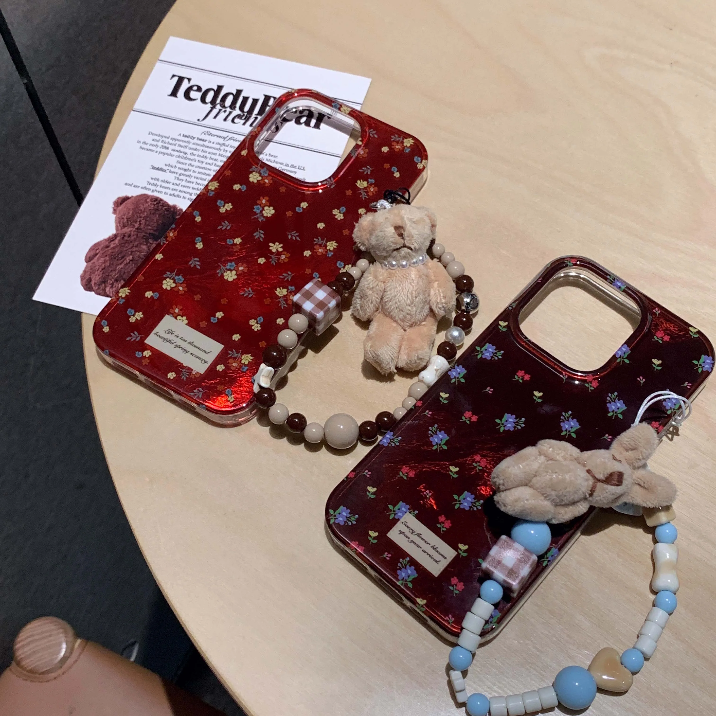 Shiny glacier red shell for iphone 15promax 16pro 13 14promax 16 15 pro max 13pro 14 floral ins cute bear bunny chain phone case