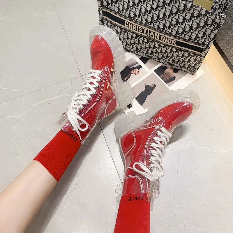 Ботинки женские непромокаемые на прозрачной платформе полусапожки прозрачном