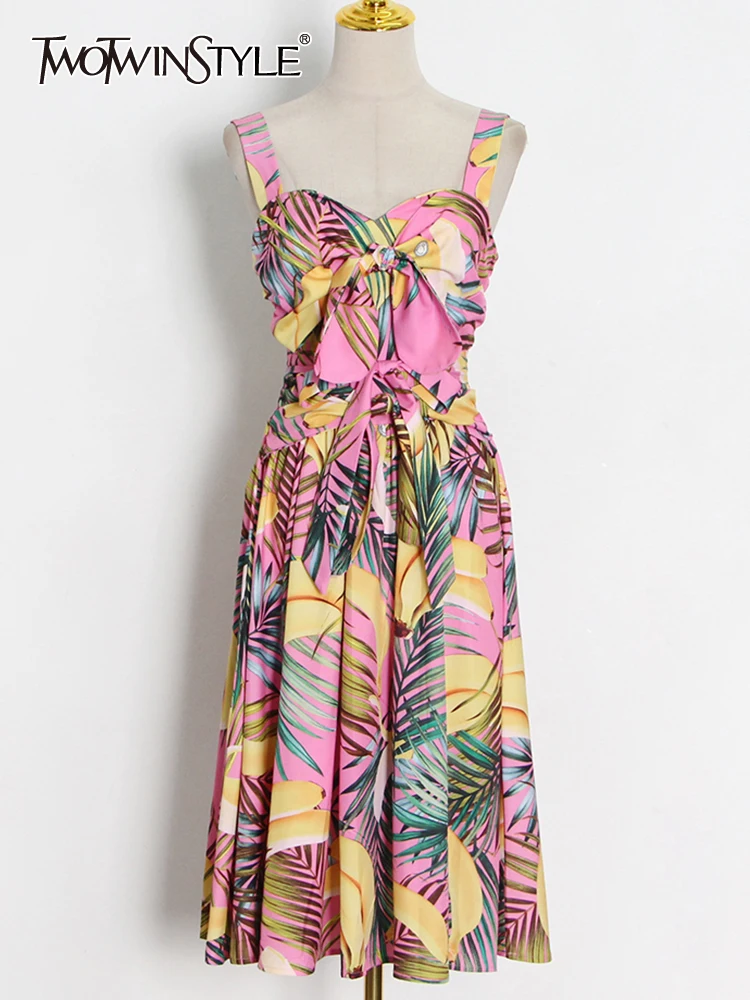 

TWOTWINSTYLE Floral Print Dresses For Female Square Collar Sleeveless High Waist Slimming Lace Up Bowknot Women's Dress New 2021
