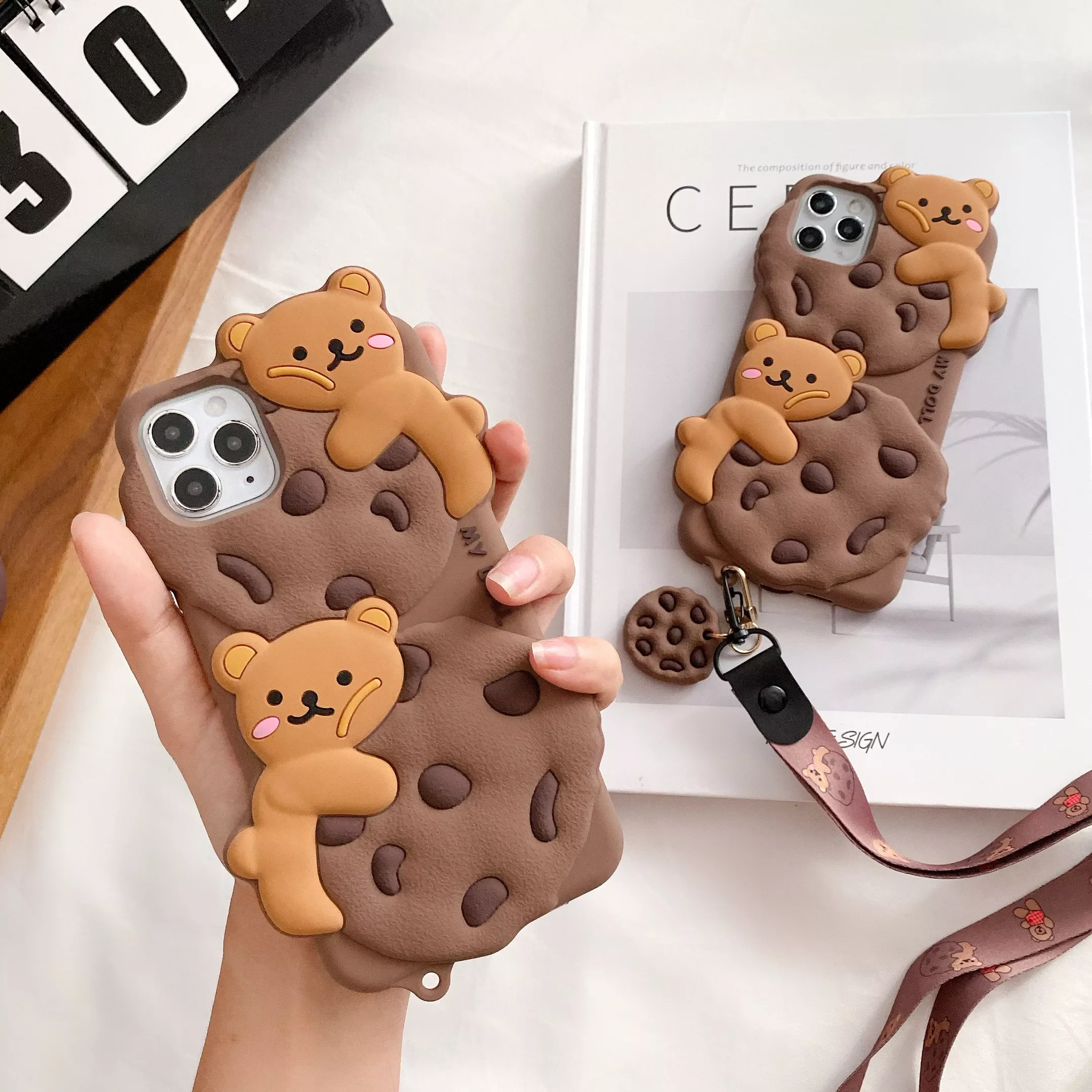 

3D Cute Cartoon Chocolate Cookie Bear Case for iPhone 12 Mini 11 Pro XS Max XR X 7 8 Biscuit Soft Silicone Lanyard Rope Cover