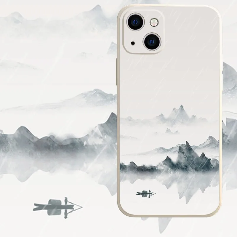

Luxury Chinese Style Landscape Painting Liquid Silica Gel Phone Case For iphone X XS XR 11 12 13 Pro Max Shockproof Back Cover