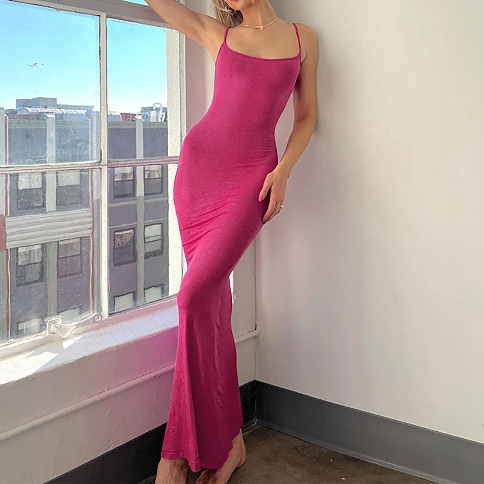 

2023 Summer Women Sexy Spaghetti Strap Skims Long Dress Y2k Sleeveless Solid Color Skinny Bodycon Trumpet Maxi Dresses Vestidos