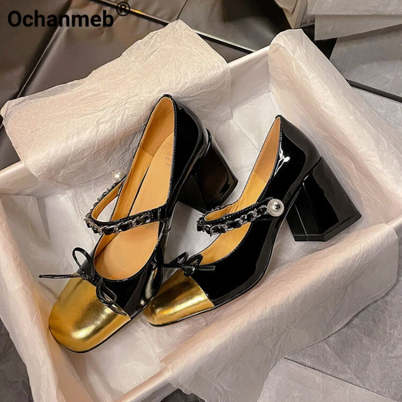 

Ochanmeb Women Genuine Leather Mary Jane Pumps Brand Designer MixColor Shoes Chain Pearl Button BowKnot Pumps Block Heels Ladies