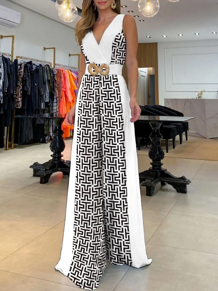 

Женский комбинезон с широкими штанинами, модный цельный костюм с геометрическим принтом без пояса, повседневная одежда, 2023