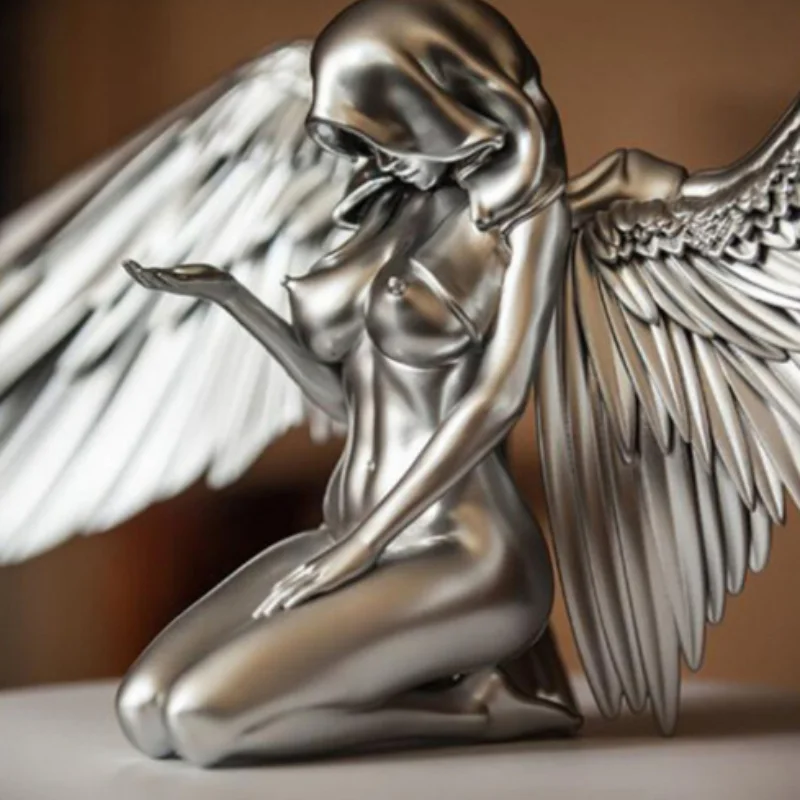 2022 New Art Angel Female Wings Silver Kneeling Angel Art Resin Ornament statue  sculpture  living room decoration