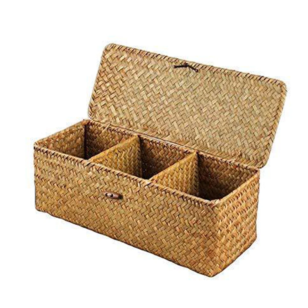 

Bamboo Storage Box 3 Grids Cosmetic Sundries Basket Organizers with Lid