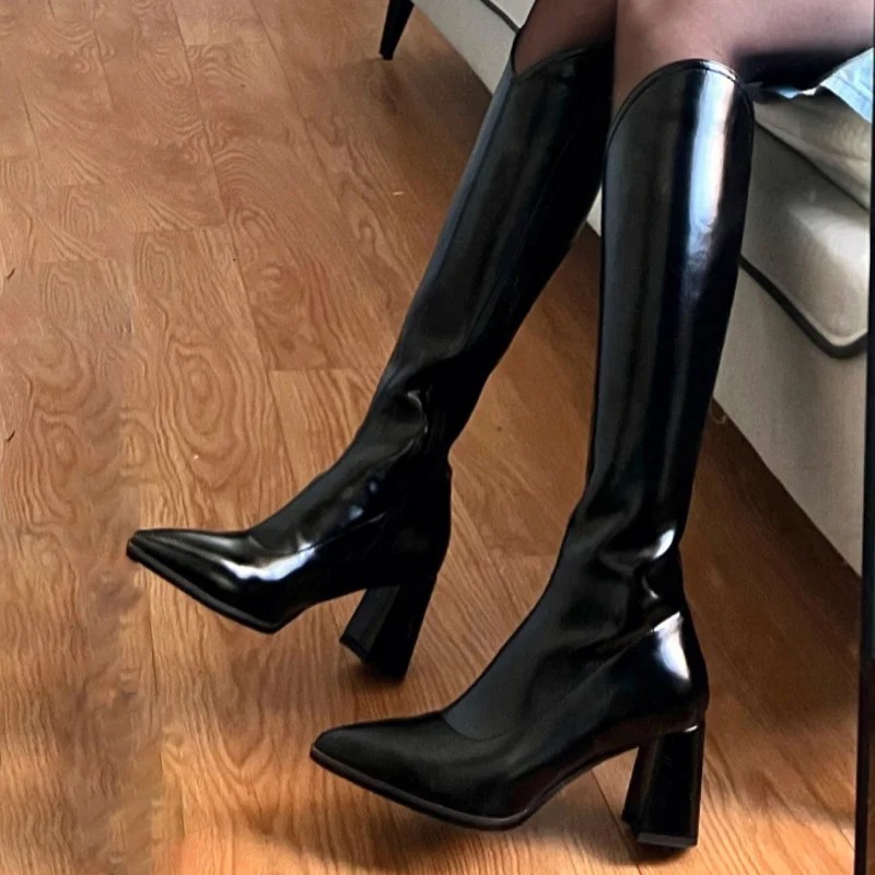 2023 New Autumn Winter Boots Women Pointed Toe Long Boots Back Zippers Square High Heel Ladies Western Cowboy Knee High Botties