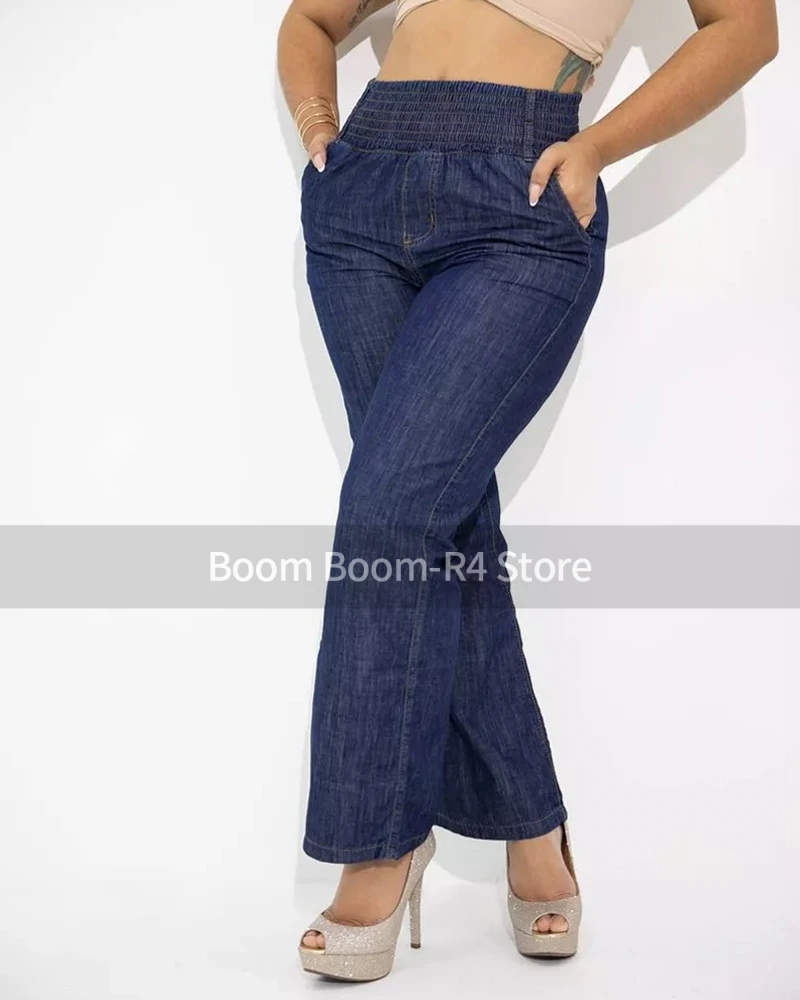 2024 Комфортные джинсы с широкими штанинами и эластичным поясом прямые женские