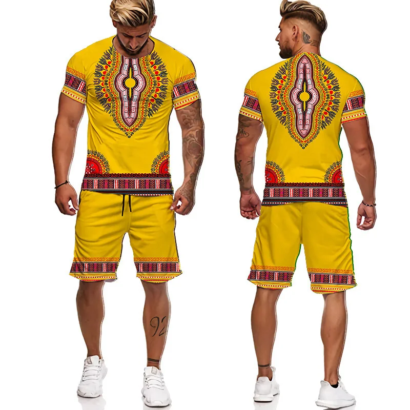 

Men's Summer Tracksuit African Totem Print T-Shirt Shorts Suit Casual Stylish Sweatsuit Set Bohemian Style Clothing Streetwear