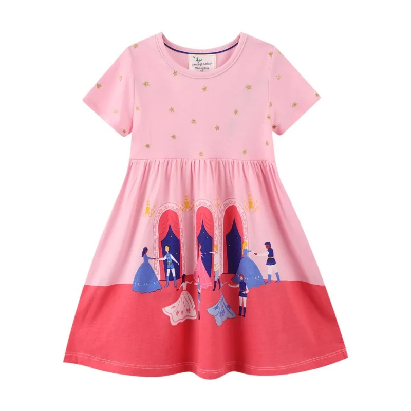 

2022 New Summer Dresses For Girls Short Sleeve O Neck Cotton Children Dress Cute Pink Print Princess Girls Dress 2-7 Yrs