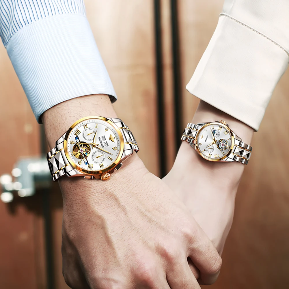 OUPINKE Luxury Couple Watches Waterproof Luminous Sapphire Tungsten Steel Skeleton Business Couple Watch's Set Necklace Bracelet