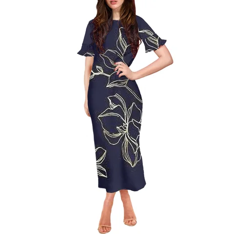 Black Women's Dress Elegant Women's Dress 2022 Fashion Beauty Flower Print Long Dress O-neck Short Sleeve Clothing